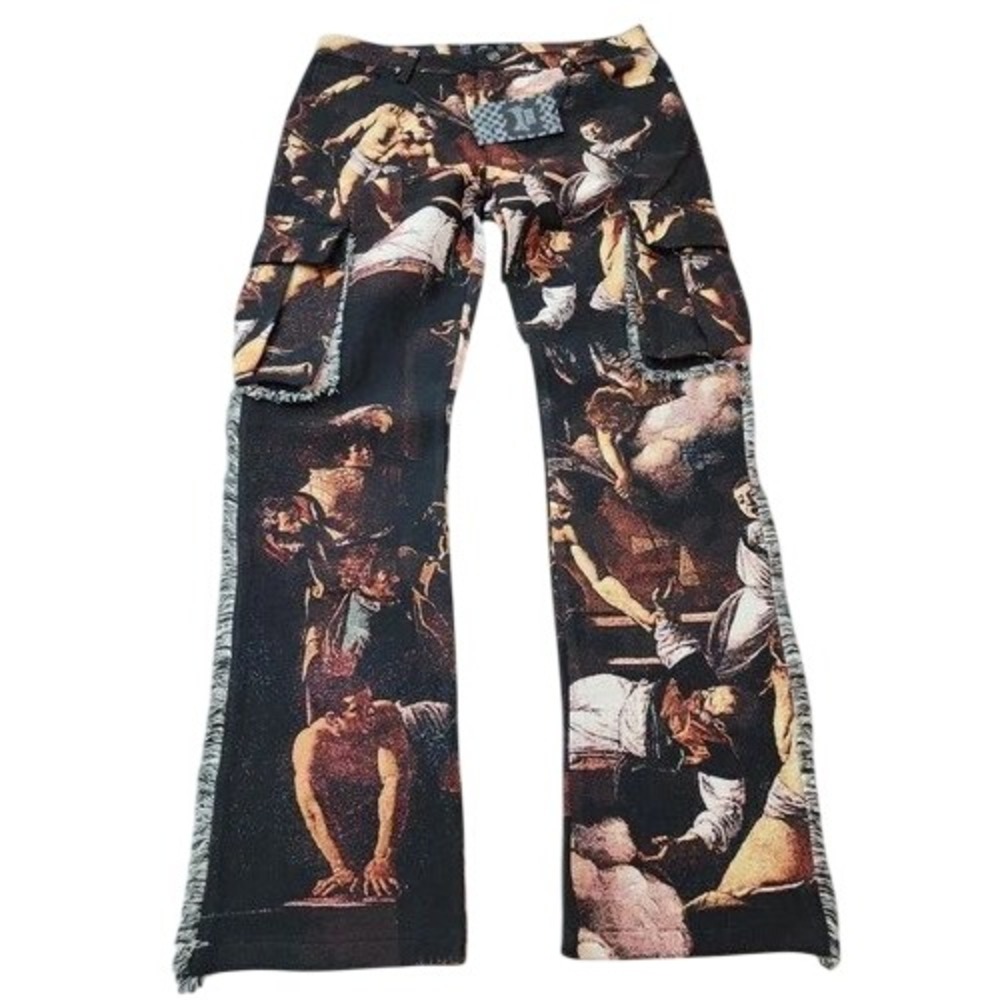Rebel Vengeance Renaissance Tapestry Cargo Pants Frayed Edge Streetwear Mens 30